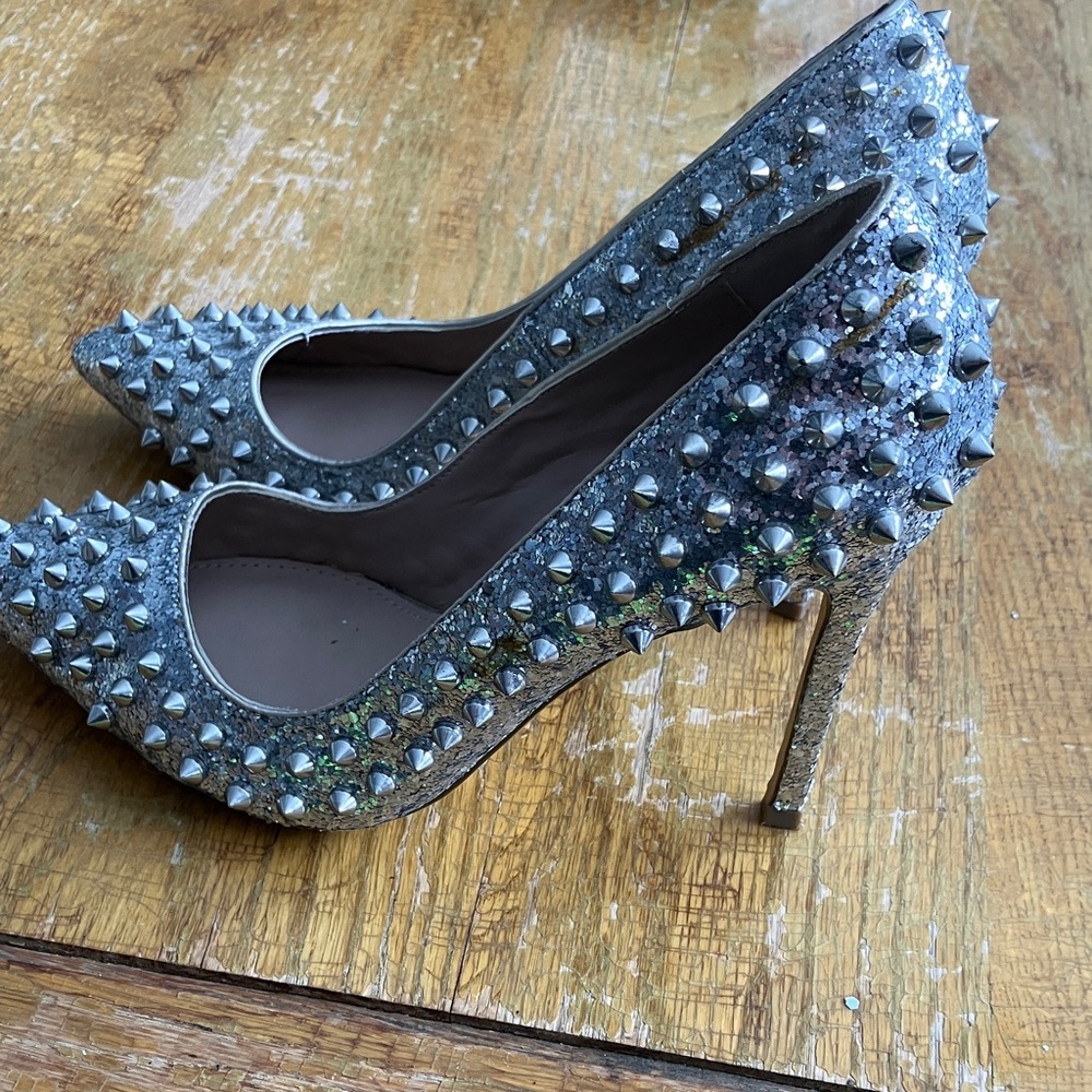 ShoeMint Silver Spiked Heels - Picture 2 of 10